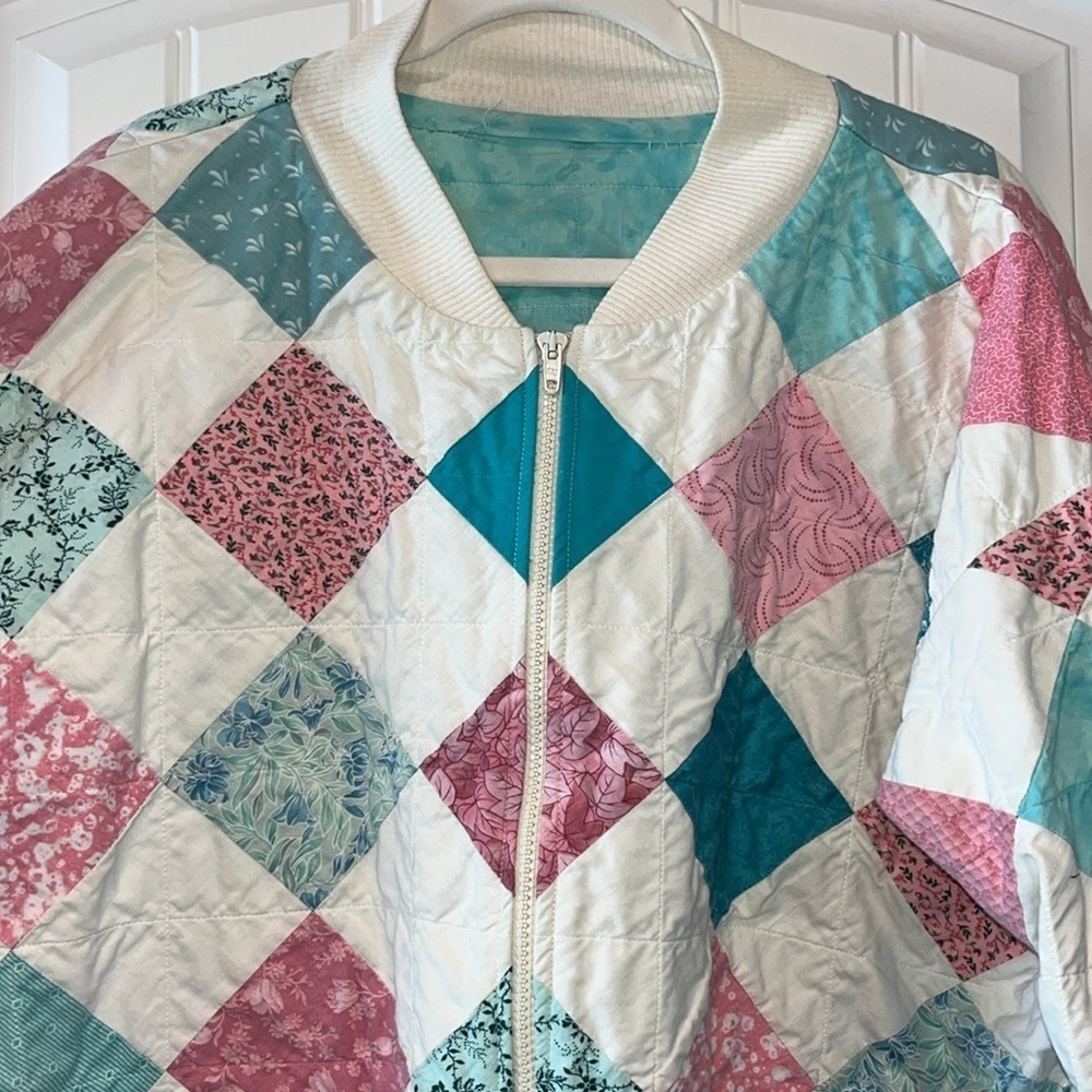 Vintage boho folk grandma quilt square pink teal patchwork zip jacket XL XXL - Picture 2 of 14
